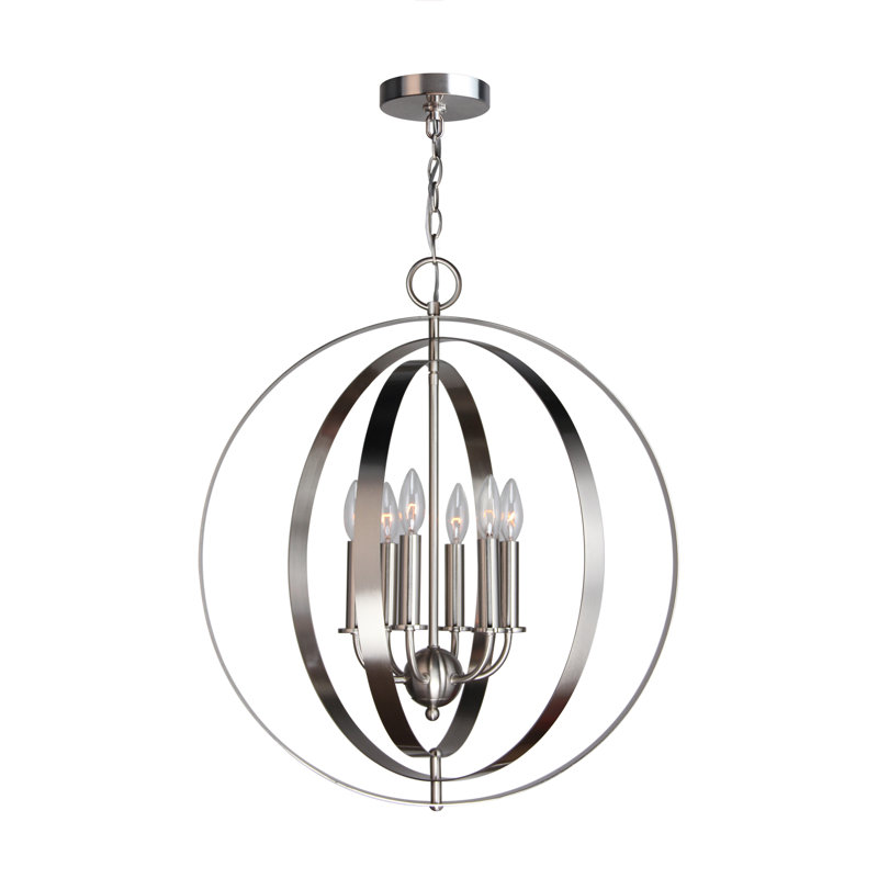 Lustre de globe 6 lumières de style bougie Lando, Nickel satiné