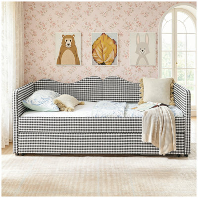 Lit de jour simple, lit de jour rembourré en vichy équipé d'un cadre de lit gigogne escamotable et d'une poche de rangement latérale, canapé-lit multifonctionnel en bois massif pour chambre d'enfant et chambre d'amis - noir