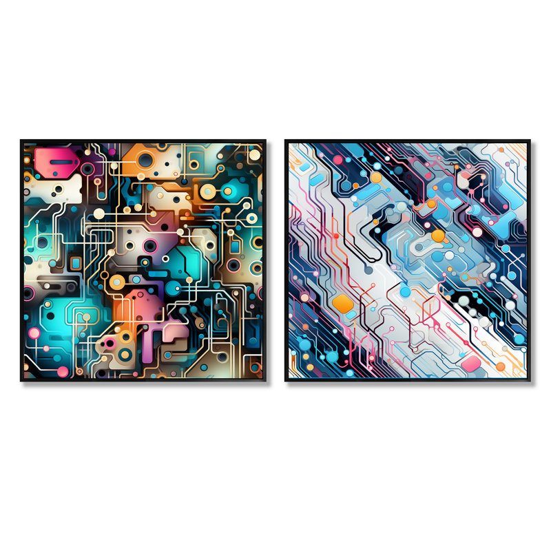 Techno Matrix Futuristic Dreams Edm Pattern - Abstract Collages Square Collage Set Of 2, Black Floater Framed, 16" H x 33" W