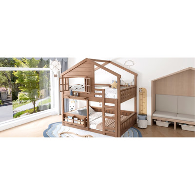 Full Size Bunk Bed, House - Design, Simulated Windows, Maximizing Vertical Space For ' Role Playing Natural Pine Wood, Rails, And Environment