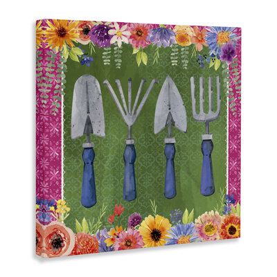 Gardening Tools & Floral Border Canvas, design by Nicole DeCamp