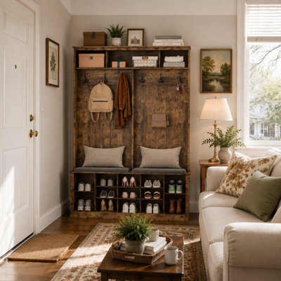 53"W Hall Tree and Shoe Storage Bench with Shelves,Cubbies and Coat Hooks for Foyer, Mudroom, or Entryway