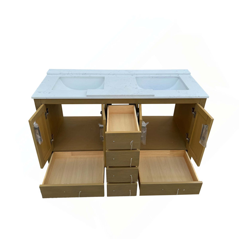 Meuble-lavabo autoportant moderne avec lavabo double, portes, tiroirs et robinet, Chêne, 54"