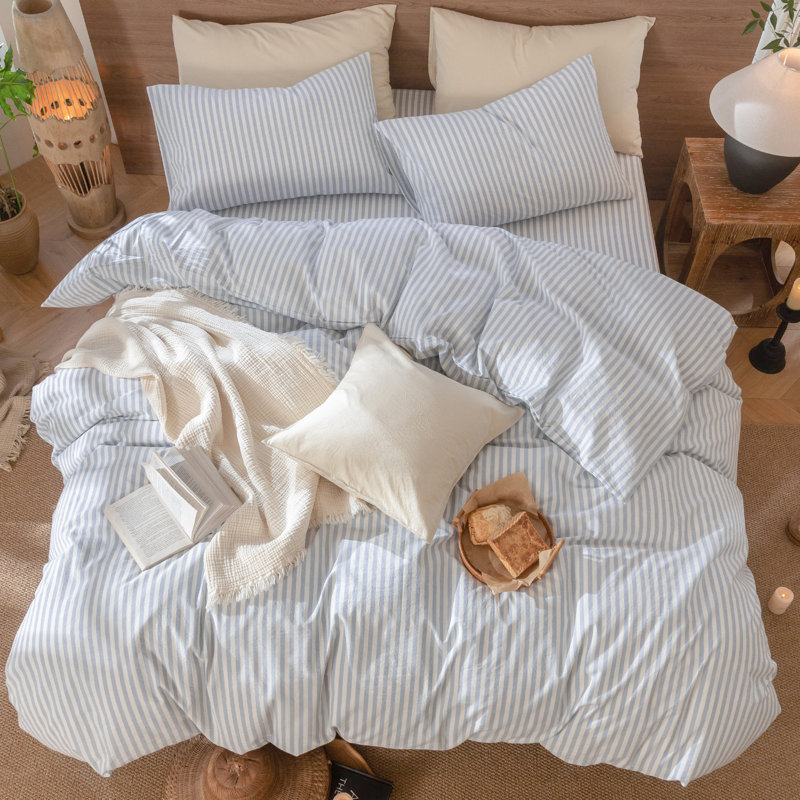 MooMee Striped Duvet Cover Set 100% Washed Cotton Linen Like Textured, Classic Stripes - Cornflower Blue/White