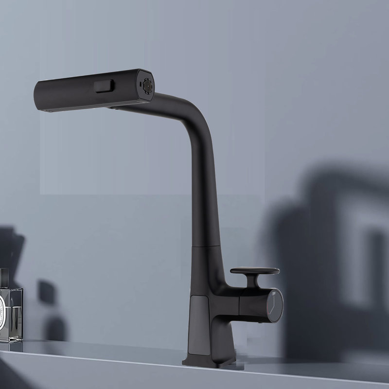 Temperature Display Kitchen Faucet In Matte Black - Pull Down Single Handle With Three Water Outlet Components  Stream, Spray, Rainfall  For Waterfall & Control And Kinds Rainfall