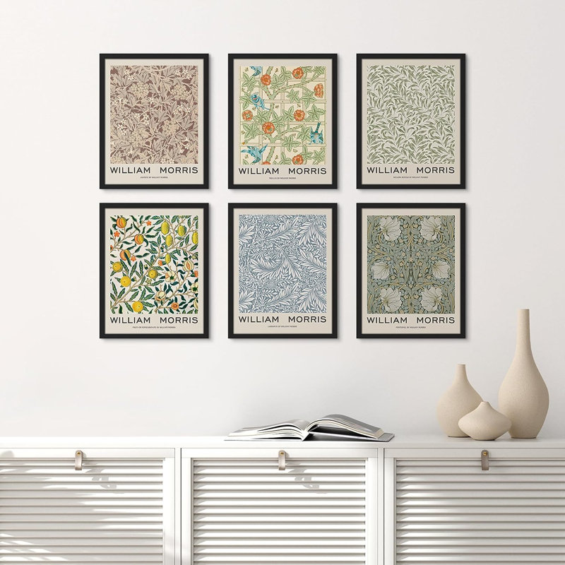 Fleurs abstraites abstraites encadrées sur papier, 6 pièces par William Morris, Noir, H 14 po x l 11 po x P 1 po