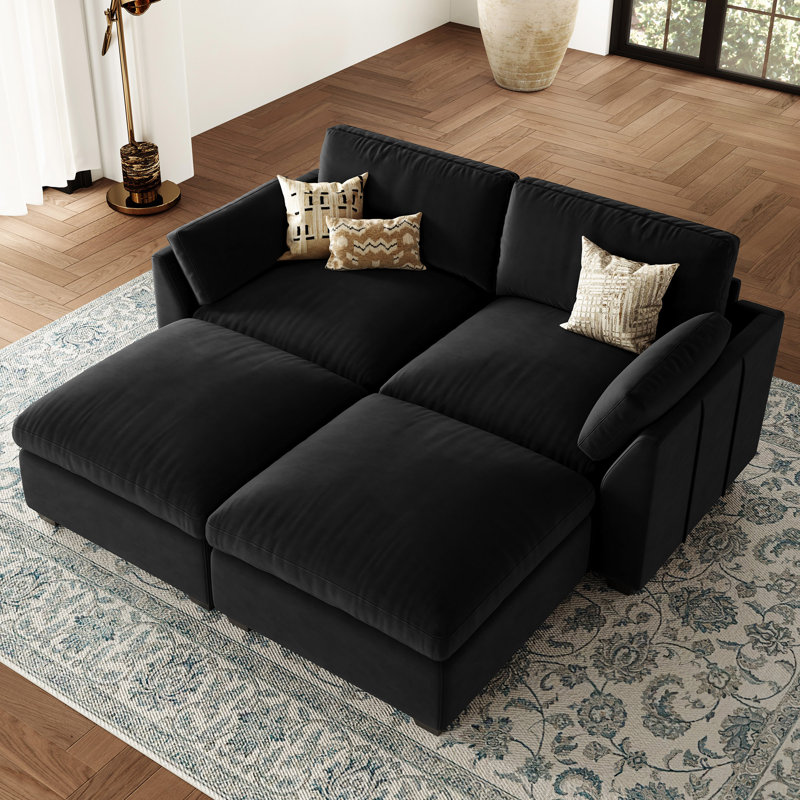 Velours et large canapé-lit modulaire moelleux et moelleux avec housse de coussin amovible, Velours noir