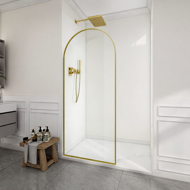 Ember Series 78 In. X 34 In. Framed Arch Fixed Shower Screen Door In Brushed Gold With 8Mm Tempered Clear Glass, Clear