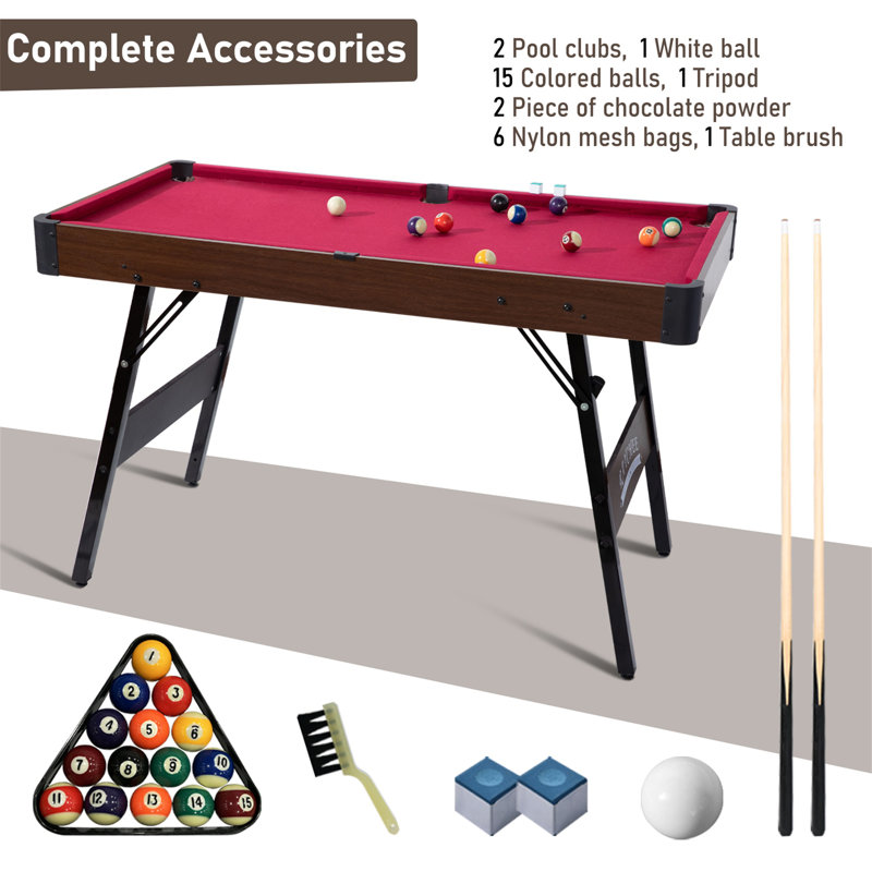 Portable Pool Table 48" Portable Pool Table, Foldable Billiard Table with 2 Cue Sticks, Balls, Triangle, Chalk, Brush, Red