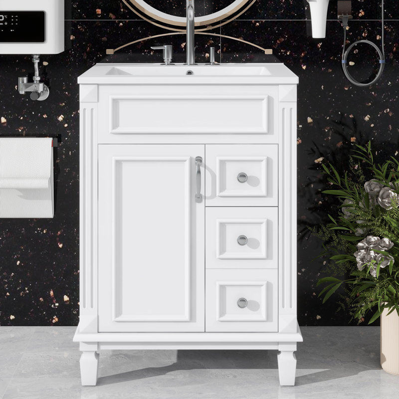 Meuble-lavabo 24 po avec lavabo en céramique, petite armoire avec 2 tiroirs et tablette réglable, Blanc