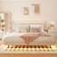 Structure de lit grand rembourré en velours beige avec espace de rangement à DEL et caché, charge éclairée, plateforme de revêtement