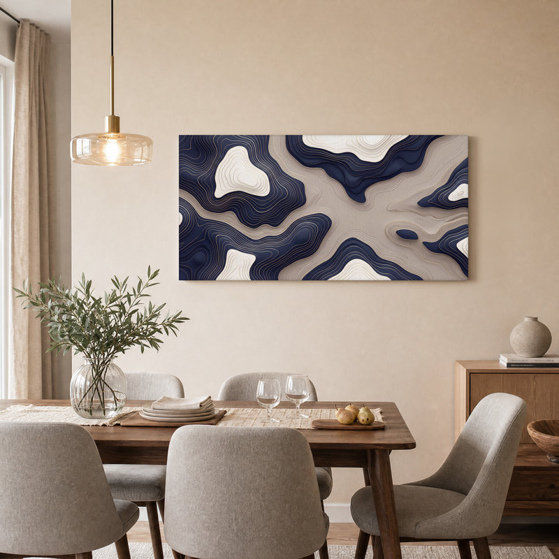 Art mural sur toile avec lignes topographiques bleu marine et beige, L 46 po x H 24 po