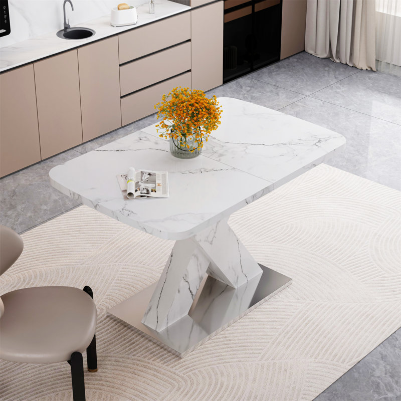 Modern Square Dining Table, White, White