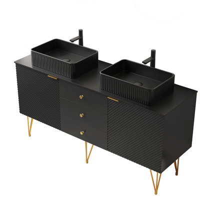 L'armoire autoportante en contreplaqué noir 60 po, 3 tiroirs et 2 portes, le dessus en pierre frittée, créent une armoire de rangement confortable pour la salle de bain avec du contreplaqué multicouche, embellissent et sont efficaces