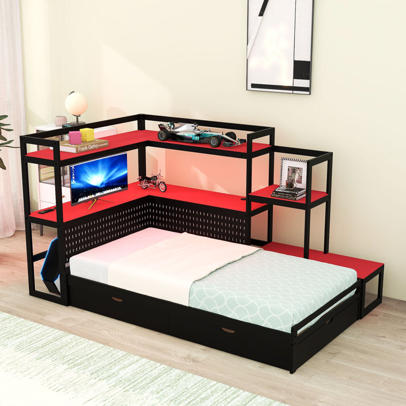 Lit plateforme simple en bois avec 3 tiroirs, bureau, lumière DEL et station de charge, Black/Red