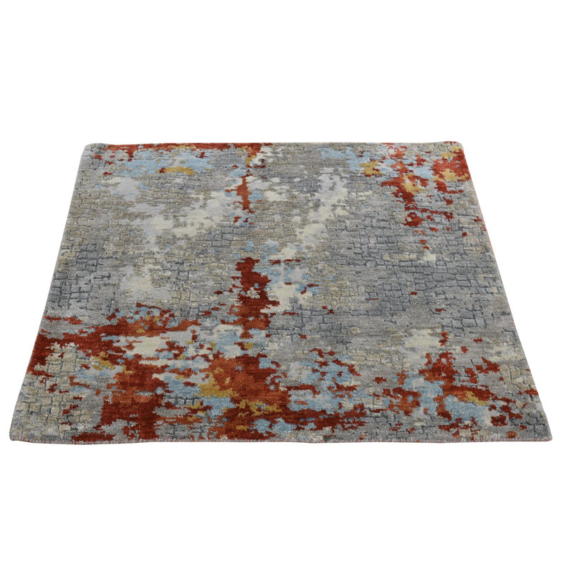 Tapis carré noué à la main gris, laine et soie 3 pi x 3 pi x 3 pi