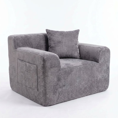 Boneless 45.7" Modern Cloudy Corduroy Frameless Bean Bag Chair, Compression Deep Seat Arm Chair with 1 Pillow & 2 Side Storage Pockets, No Assembly Required Chair in a Box for Small Space