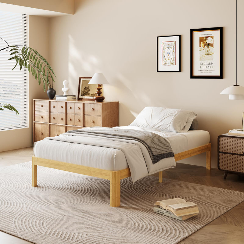 Solid Wood And Metal Bamboo Platform Bed Frame, Heavy Duty Support, No Box Spring Needed, Multiple Sizes Available, Twin