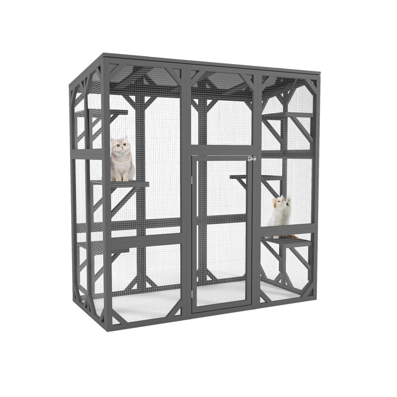 Maison pour chat grise avec six plateformes, toit imperméable, fil d'acier galvanisé et bois, cage pratique