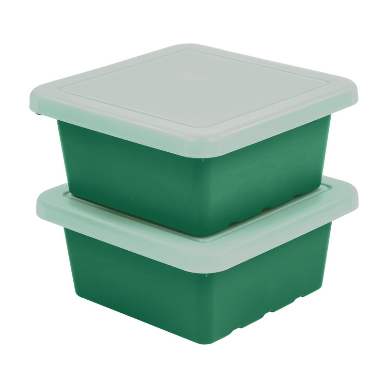 ECR4Kids Stackable Square Bins with Non-Snap Lids, Multipurpose Organization, 2-Pack, Green