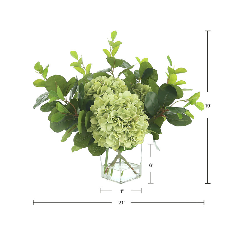 Hydrangea and Ficus Spray in Square Glass Vase