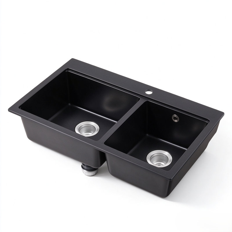 Black Quartz Composite Double Bowl Drop-In Kitchen Sink