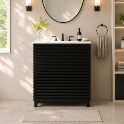 Meuble-lavabo de 30 pouces avec lavabo en céramique, armoire de salle de bain autoportante avec 2 portes cannelées et 1 tiroir, support de rangement à double porte, cloison de tiroir amovible, meuble-lavabo moderne