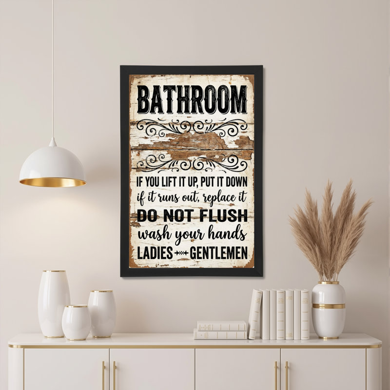 Panneau de salle de bain avec motif en bois rustique et cadre noir, toile tendue sur châssis pour la décoration des toilettes