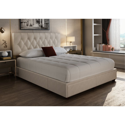 Grand lit tapissier avec 2 tiroirs dans un rangement en tissu beige scintillant