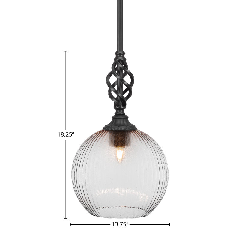 Mini-luminaire suspendu suspendu Elegté avec finition en noir mat et verre côtelé de 13,75 po