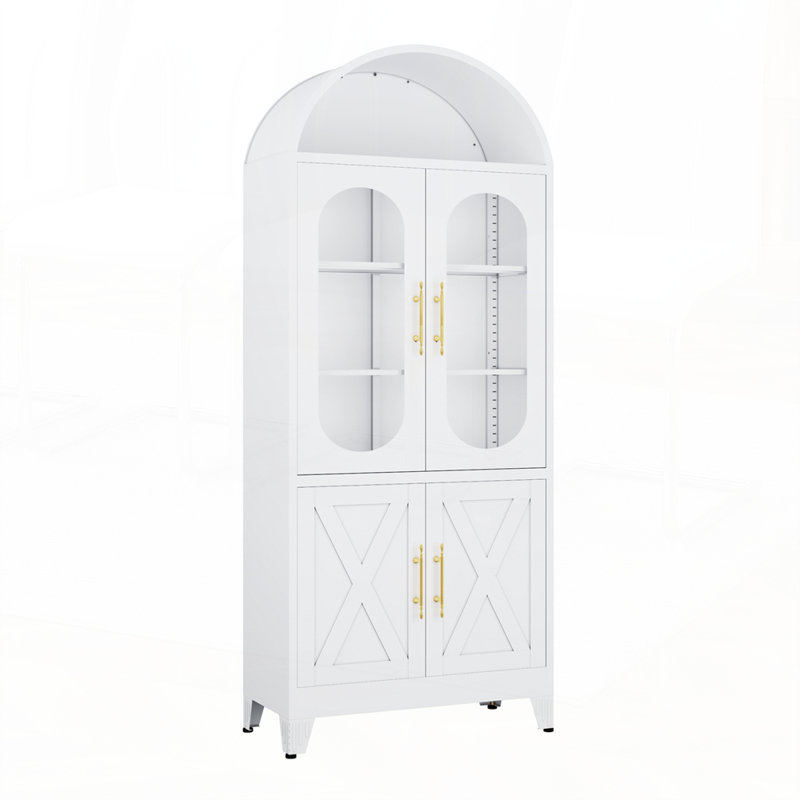 Farmhouse Style Kitchen Pantry with Glass Doors Multi-functional Storage for Home, White