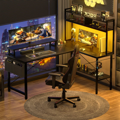 Bureau d'ordinateur en L avec support pour écran et tablette de rangement, petit bureau d'angle de 49 po pour la maison et le bureau