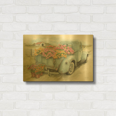 « Camion avec des fleurs » de Leslie Trimbach, tableau mural en métal doré, 61 x 41 cm