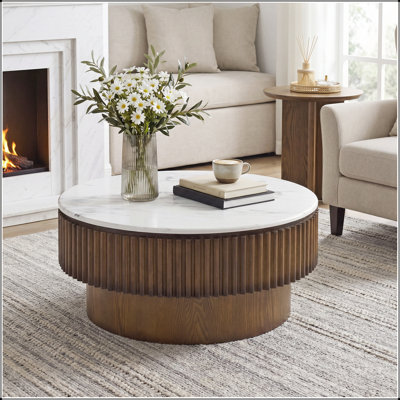 31.49" Round Coffee Table with White Marble-Pattern Top & Solid Wood Fluted Base, Center Table for Living Room, Apartment, Office