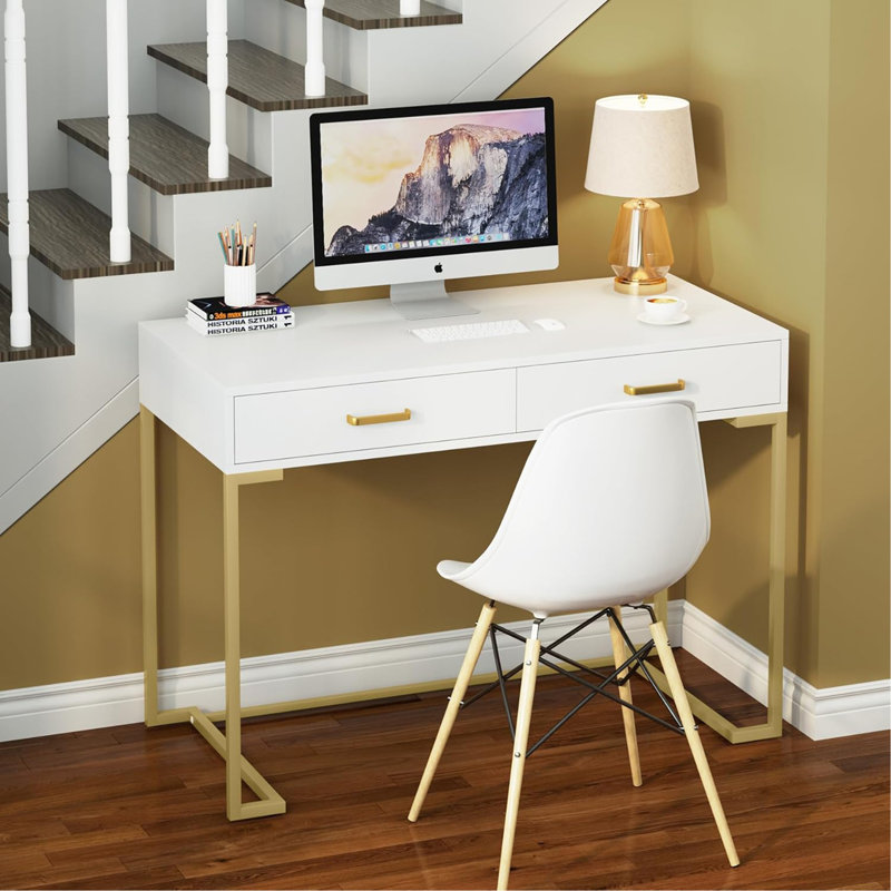 Bureau d'ordinateur 40 po blanc et doré avec 2 tiroirs, bureau moderne à domicile, table d'écriture compacte, meuble-lavabo pour chambre à coucher, bureau ou petits espaces, structure en métal, style minimaliste