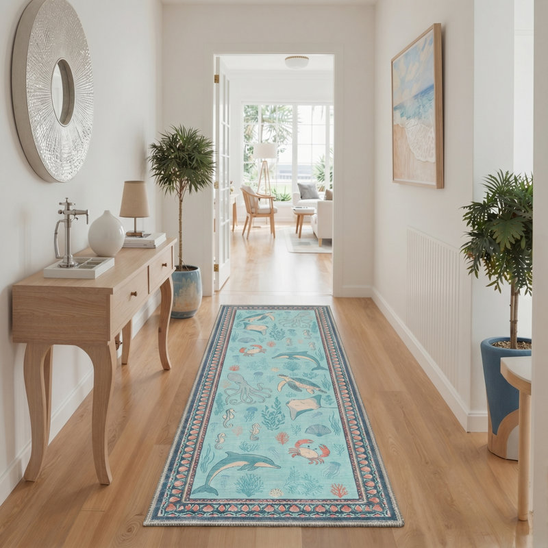 Marina Coastal Machine Washable Blue / Pink Indoor Area Rug with Non-Slip Backing, Runner 2' x 7'