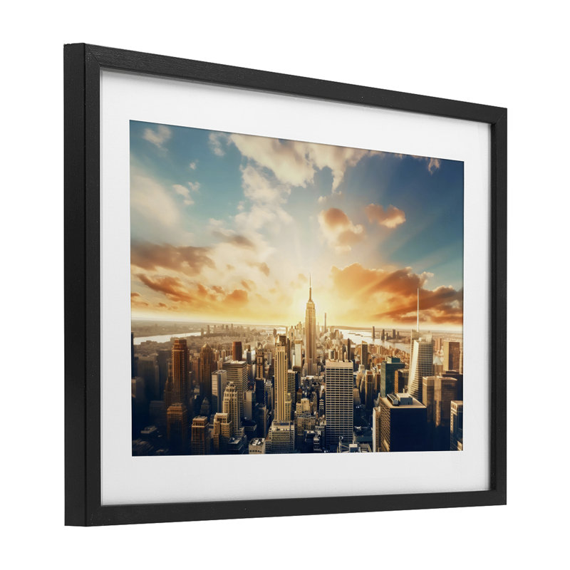 Golden Hour Cityscape Sunset Framed Print Under Glass, design by LSR Creative Studio, 14" H x 20" W, Midnight Black Frame
