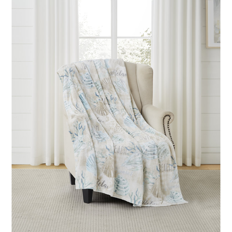 Ivory and Blue Coastal Fleece Throw Blanket 50" x 70"