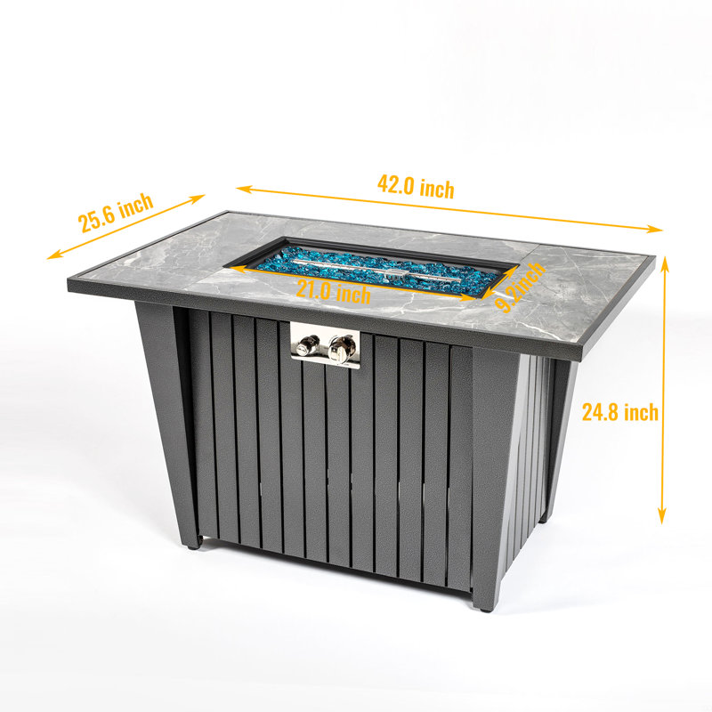 Steel Fire Pit Table With Marble Tile Tabletop, Glass Wind Guard And Lid
