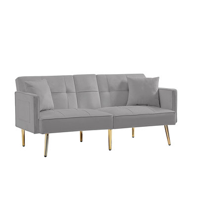 Grey Velvet Futon Sofa Bed with Gold Metal Legs