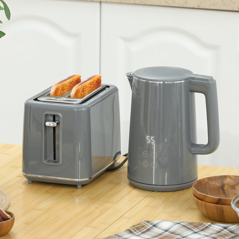 HOMCOM Digital Stainless Steel Kettle and Toaster Set 1.5L 3000W, Grey