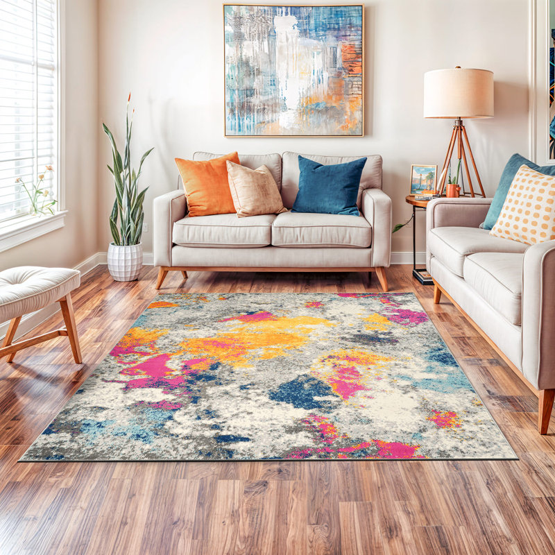 Noires Abstract Ivory/Gray/Blue Area Rug, Square 6'6"