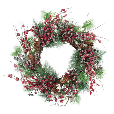 Couronne de Noël de Noël pomme de pin et couronne de baies rouges pour la porte d'entrée, couronne d'aiguille de pin artificielle avec baies rouges givrées et pommes de pin, décoration murale d'intérieur rustique des Fêtes