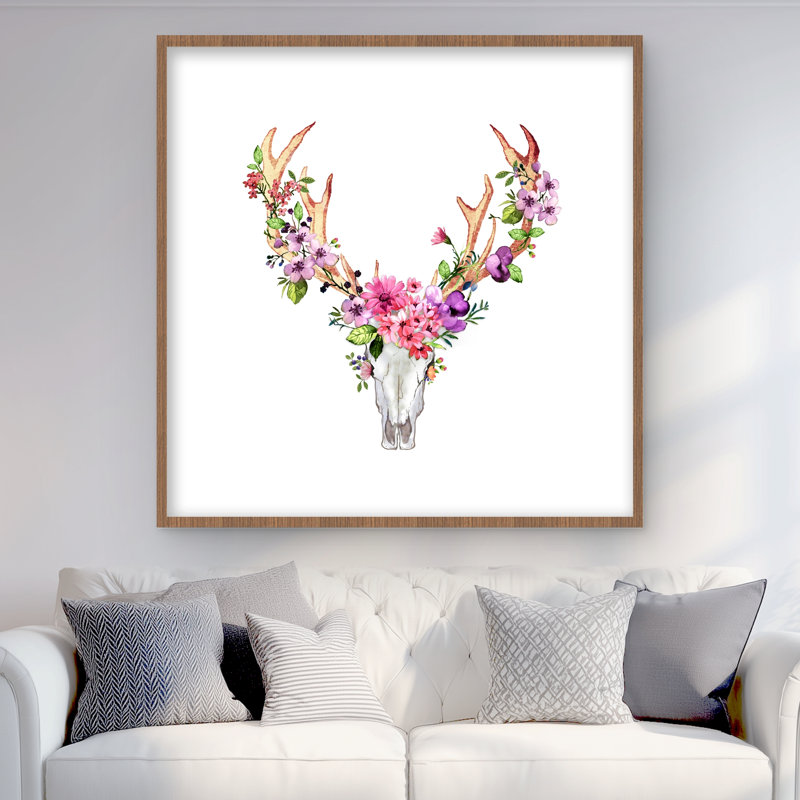 Crâne de cerf avec fleurs - reproduction encadrée rustique pour la décoration intérieure, Brun