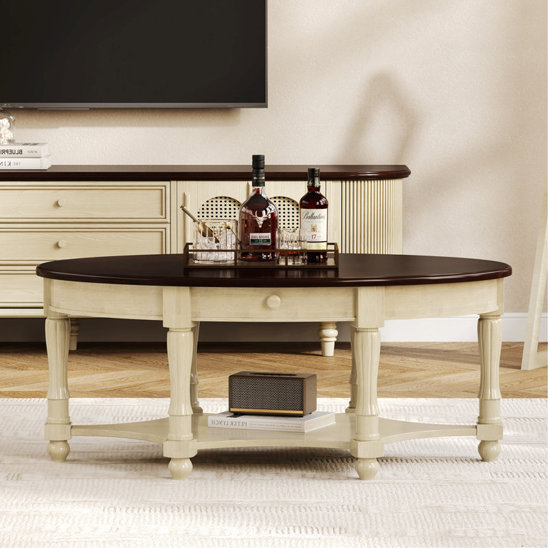 Table basse ovale avec tiroir et tablette de rangement, table d'appoint pour le salon, Noyer