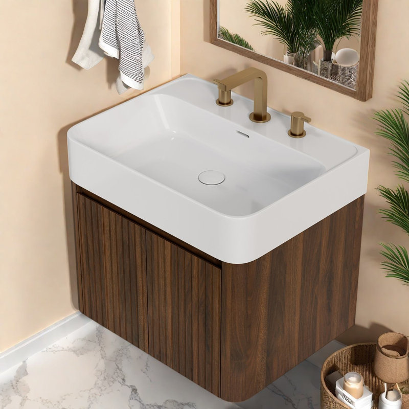 Meuble-lavabo flottant moderne en bois de noyer (avec meuble-lavabo et lavabo) avec rangement, 23.62