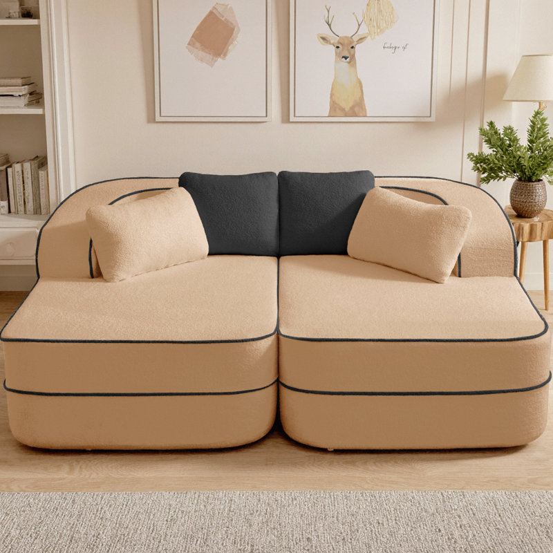 Canapé 77,2 po en tissu Teddy sans assemblage avec double chaises, canapé-lit 32D haute densité en éponge, sensation de nuage moelleux, couleur contrastante et design symétrique