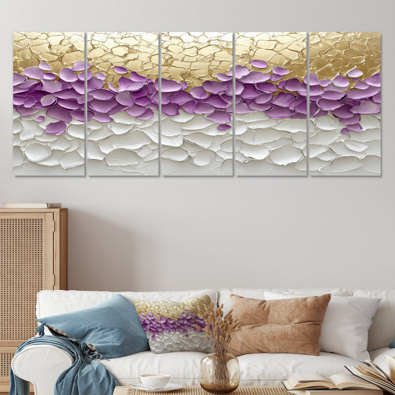 Lavande éclatée et pétales dorés dans le vent - reproduction d'art abstrait - art mural moderne 5 pièces, H 28 po x l 60 po