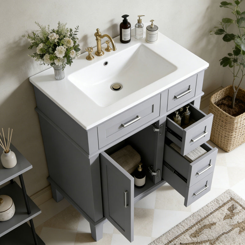 Meuble-lavabo moderne avec lavabo en céramique, 30 po + gris