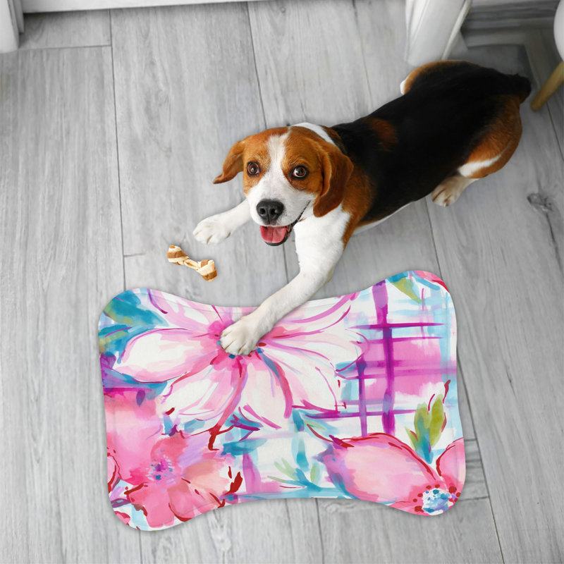 Checkered Florals - 1 Piece Bone Shape Feeding Mat, Small (14")
